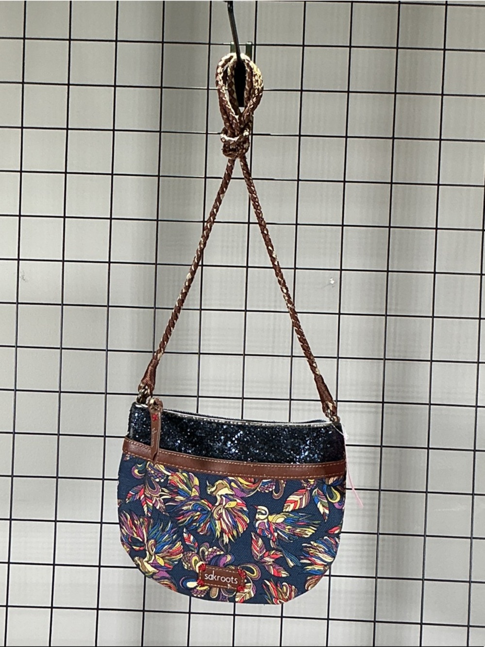 Sakroots Navy Floral Crossbody Bag Boho Lightweight Braided Strap Small